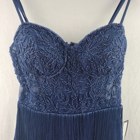 NWT B Darlin beaded corset fringe mini dress in slim blue Size 1/2 - Picture 6 of 8